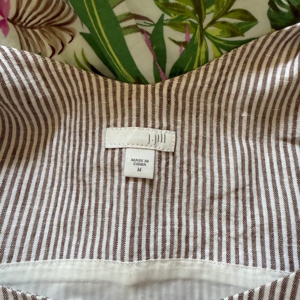 J. Jill Linen Cotton Tropical Floral Striped Midi Vacation Dress Tan Green M - Picture 6 of 11